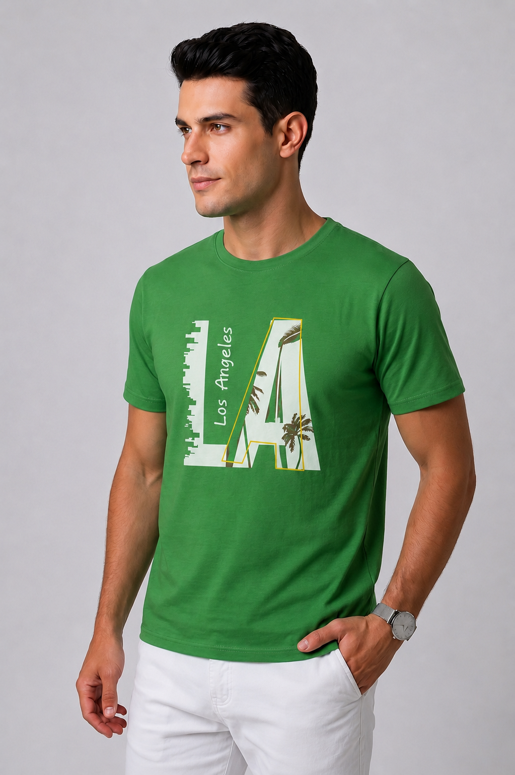 Attire Hub Mens Pure Cotton Grass Green Los Angeles Printed Round T-Shirt