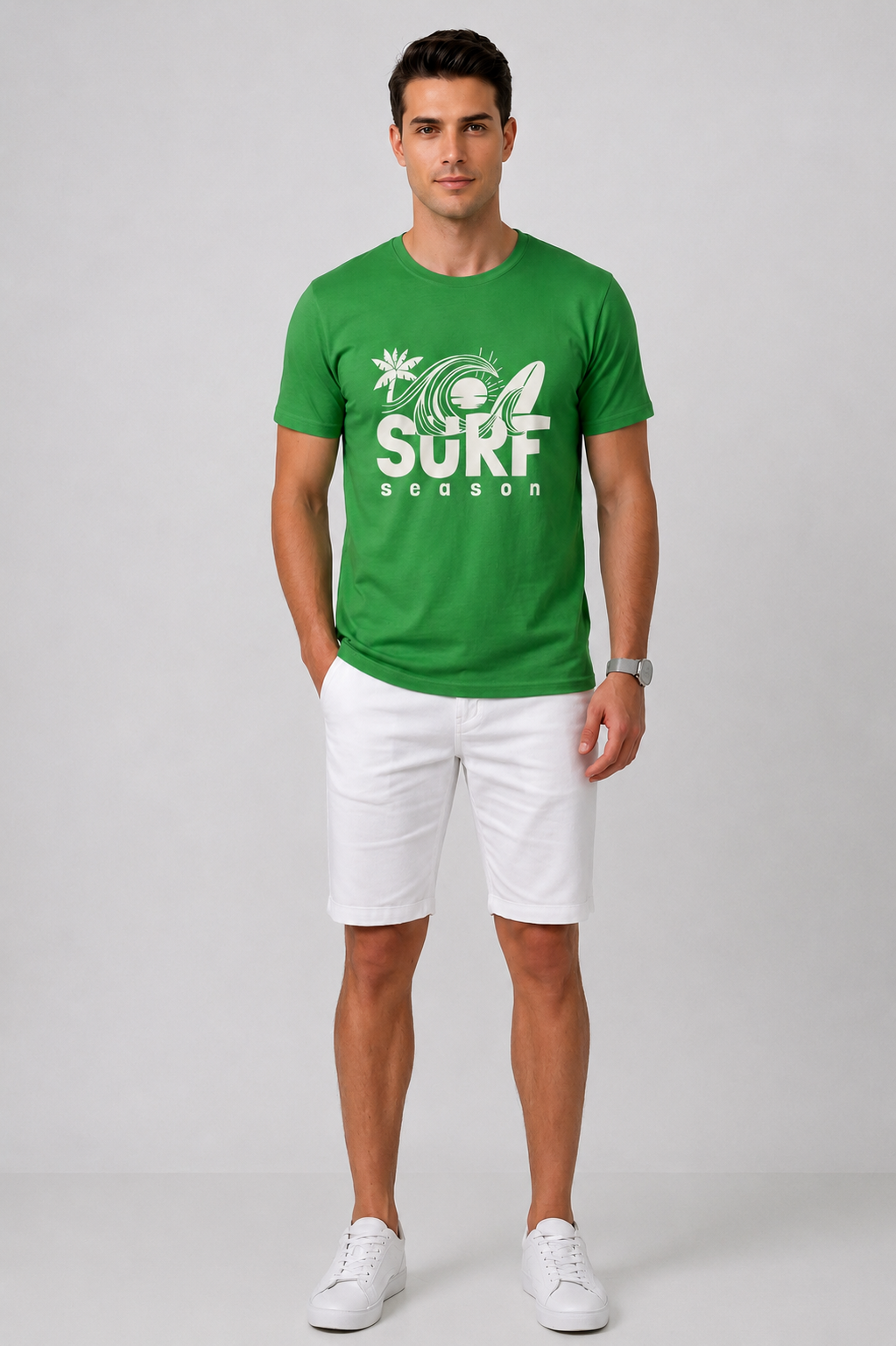 Attire Hub Mens Pure Cotton Grass Green Surf Season Printed Round T-Shirt