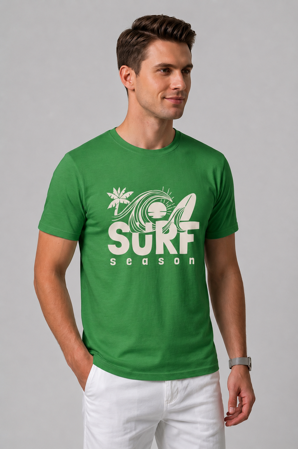 Attire Hub Mens Pure Cotton Grass Green Surf Season Printed Round T-Shirt