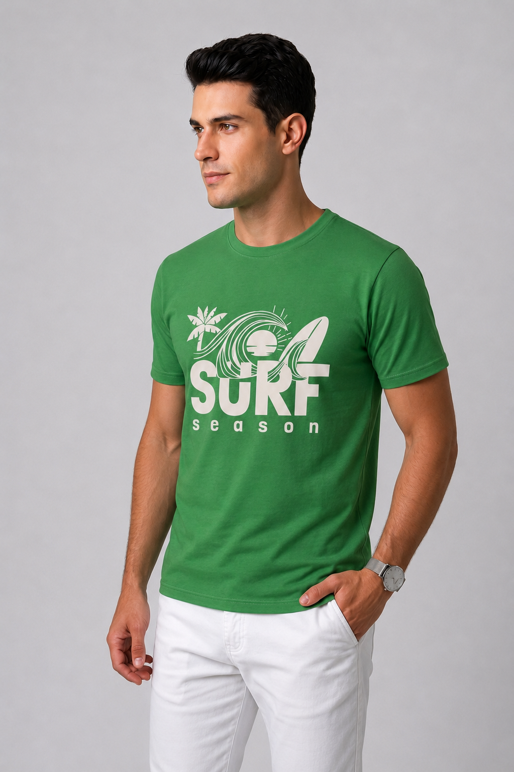 Attire Hub Mens Pure Cotton Grass Green Surf Season Printed Round T-Shirt