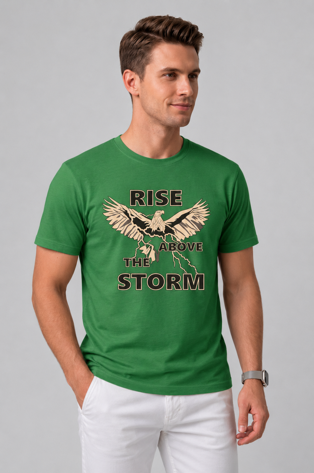 Attire Hub Mens Pure Cotton Grass Green Rise Storm Printed Round T-Shirt