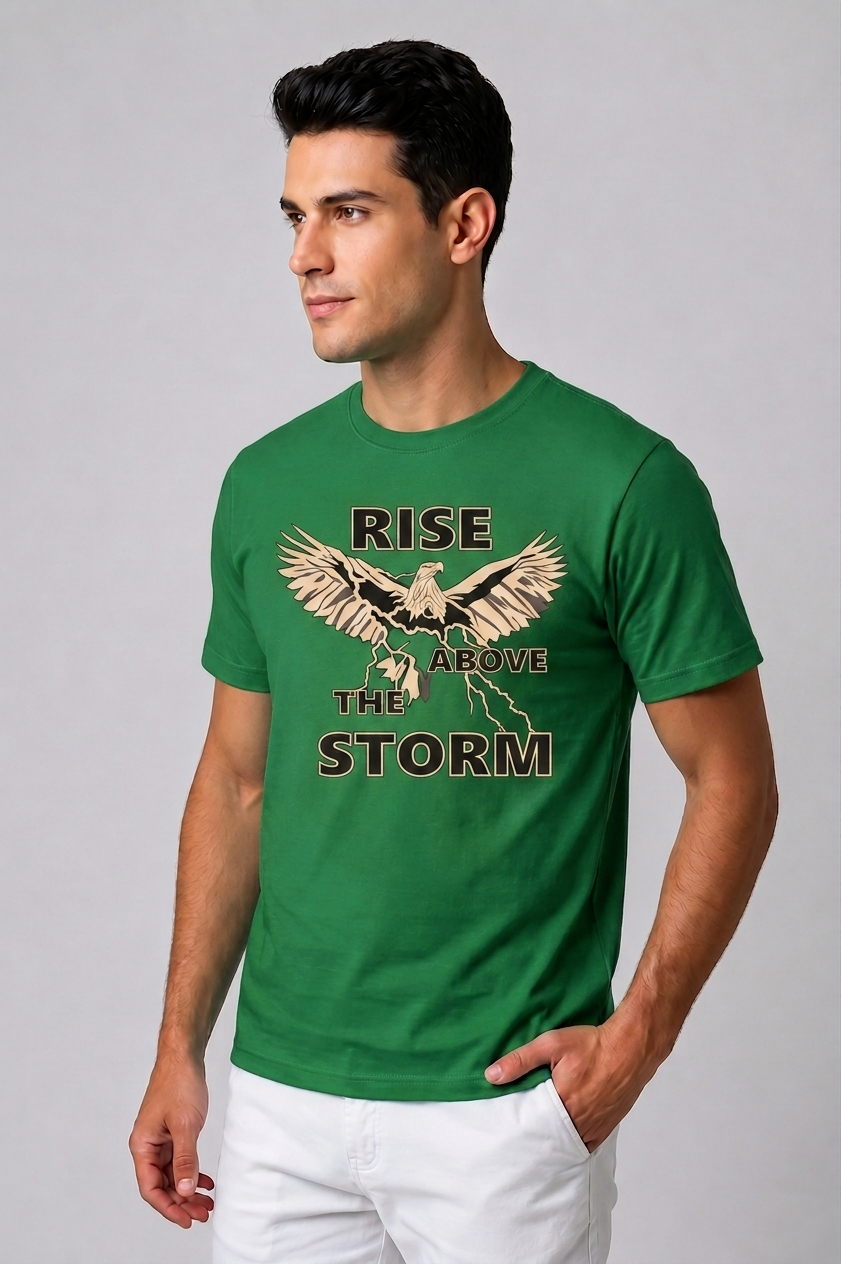 Attire Hub Mens Pure Cotton Grass Green Rise Storm Printed Round T-Shirt