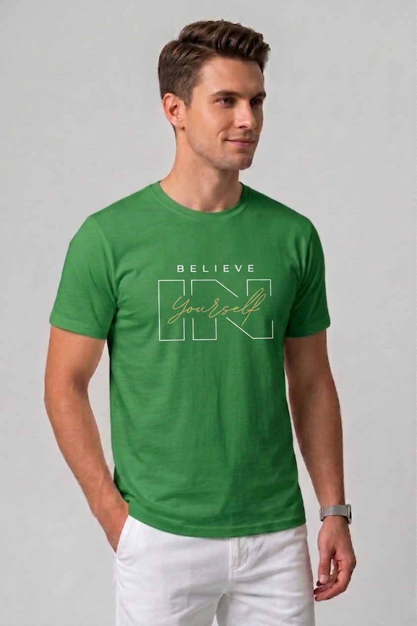 Attire Hub Mens Pure Cotton Grass Green Believe In Yourself Printed Round T-Shirt