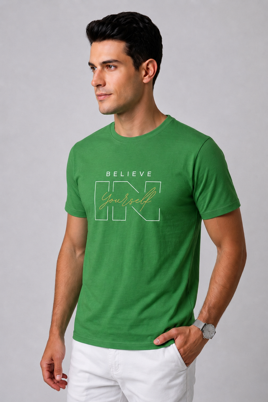 Attire Hub Mens Pure Cotton Grass Green Believe In Yourself Printed Round T-Shirt