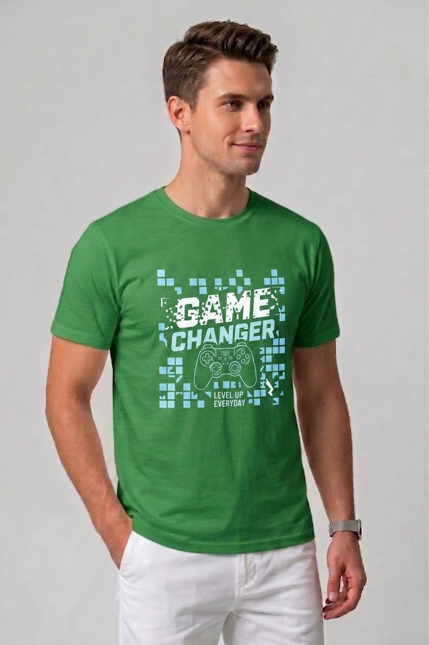Attire Hub Mens Pure Cotton Grass Green Game Changer Printed Round T-Shirt