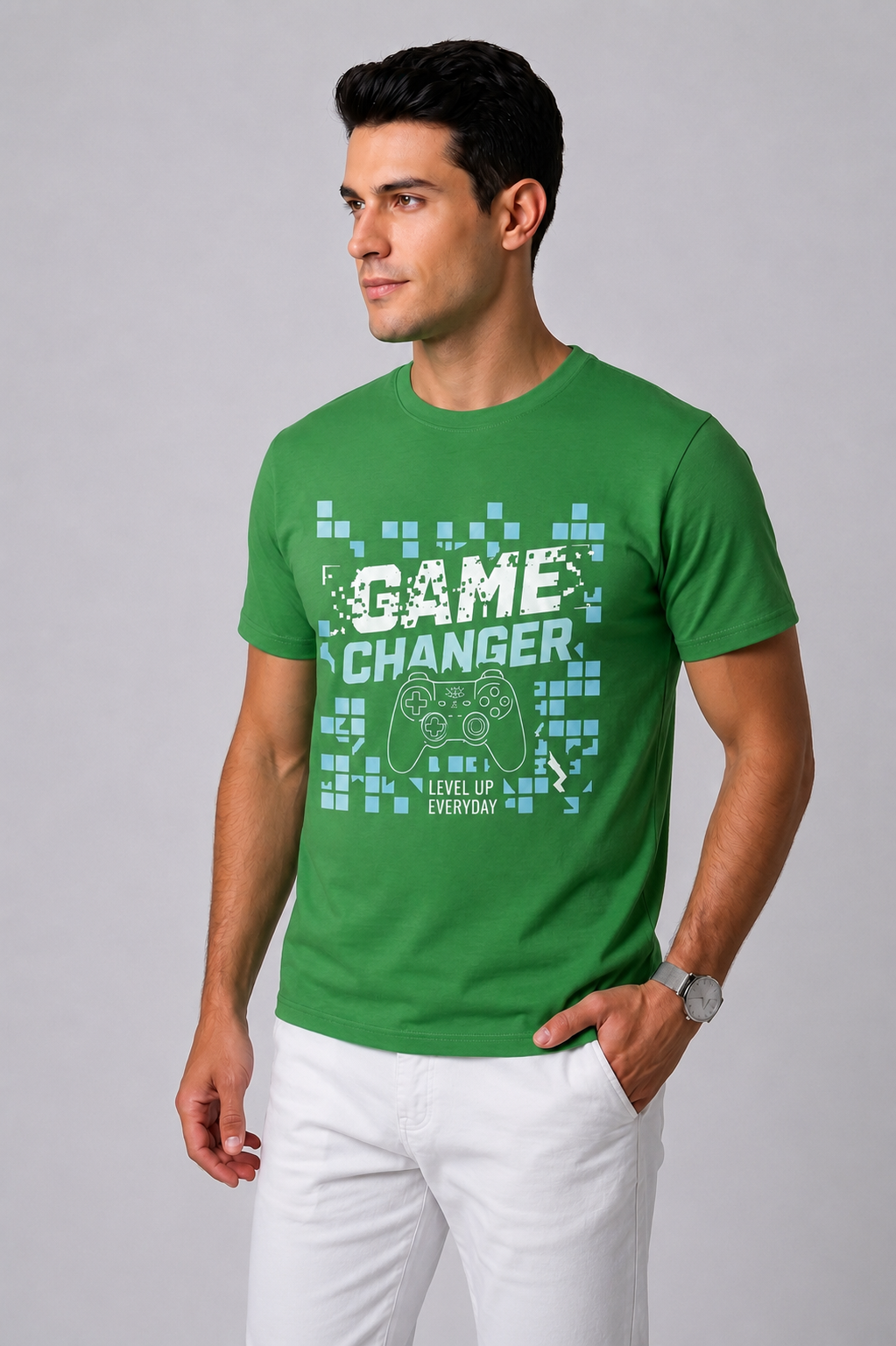 Attire Hub Mens Pure Cotton Grass Green Game Changer Printed Round T-Shirt