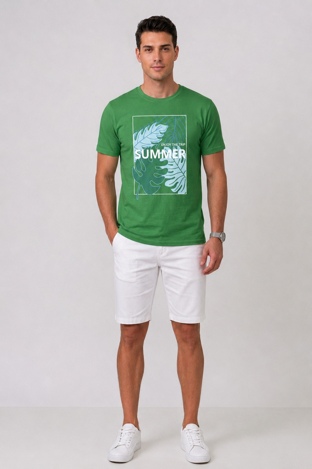 Attire Hub Mens Pure Cotton Grass Green Enjoy The Summer Printed Round T-Shirt