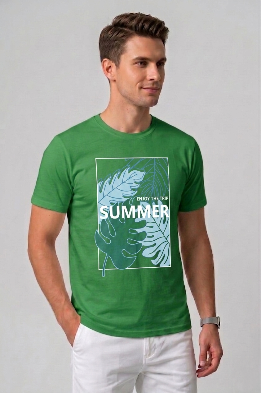 Attire Hub Mens Pure Cotton Grass Green Enjoy The Summer Printed Round T-Shirt