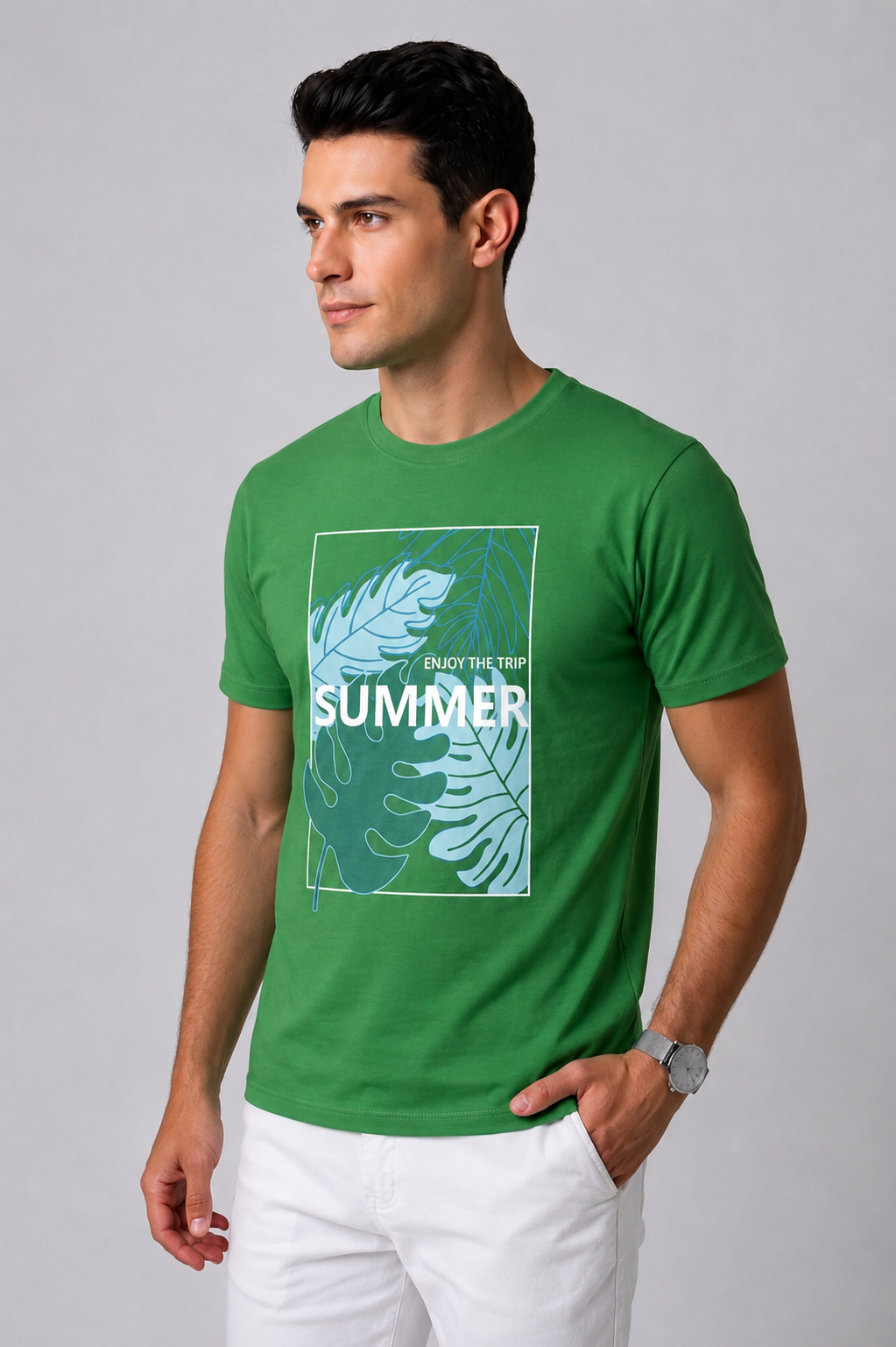 Attire Hub Mens Pure Cotton Grass Green Enjoy The Summer Printed Round T-Shirt