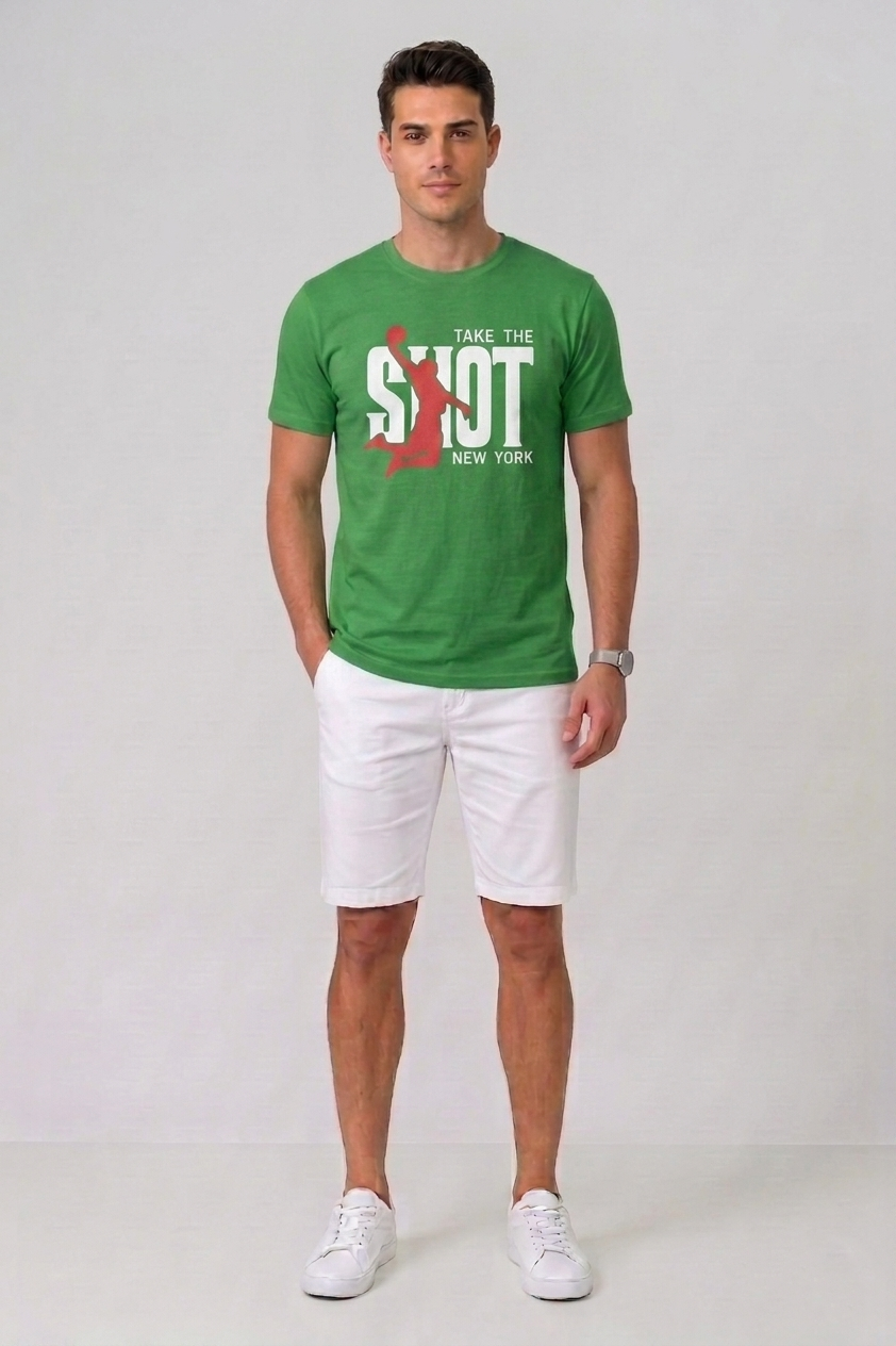 Attire Hub Mens Pure Cotton Grass Green Take The Shot Printed Round T-Shirt