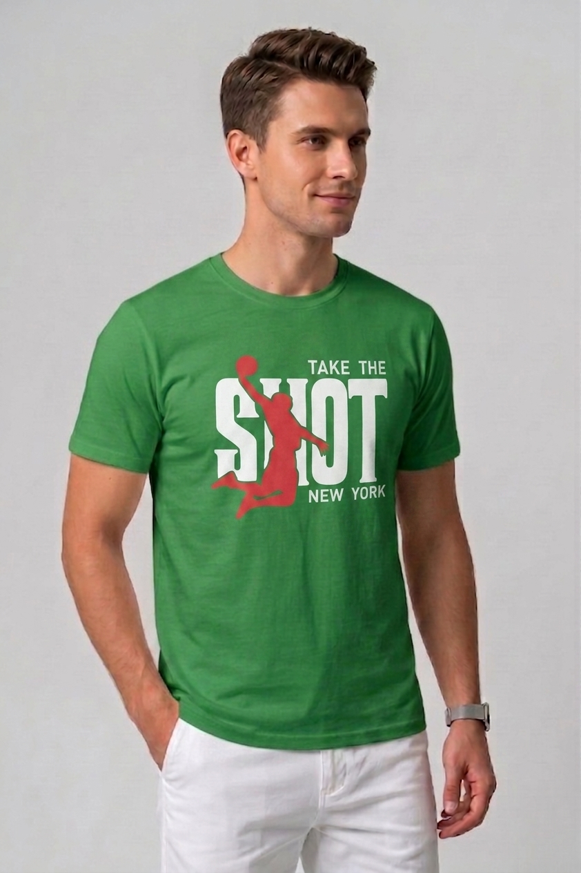 Attire Hub Mens Pure Cotton Grass Green Take The Shot Printed Round T-Shirt