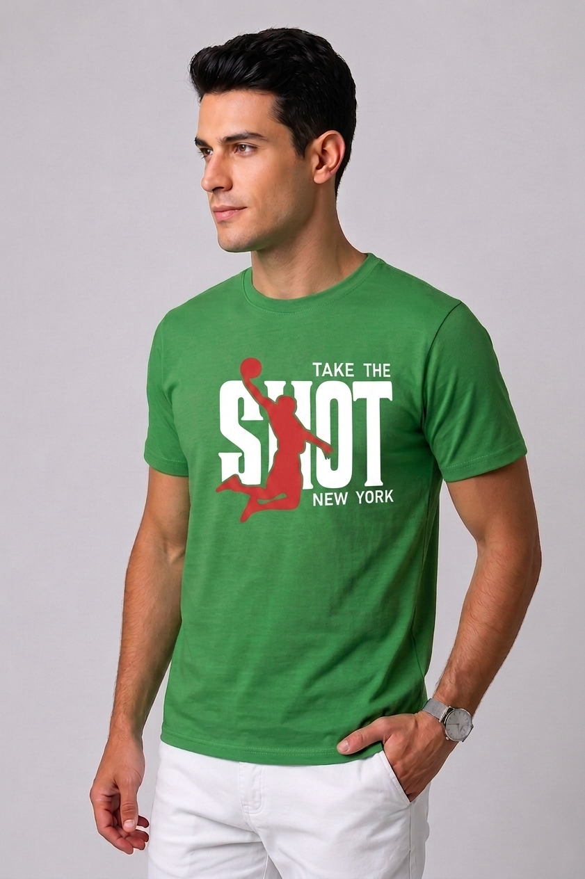 Attire Hub Mens Pure Cotton Grass Green Take The Shot Printed Round T-Shirt