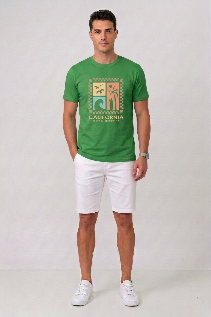 Attire Hub Mens Pure Cotton Grass Green Long California Printed Round T-Shirt