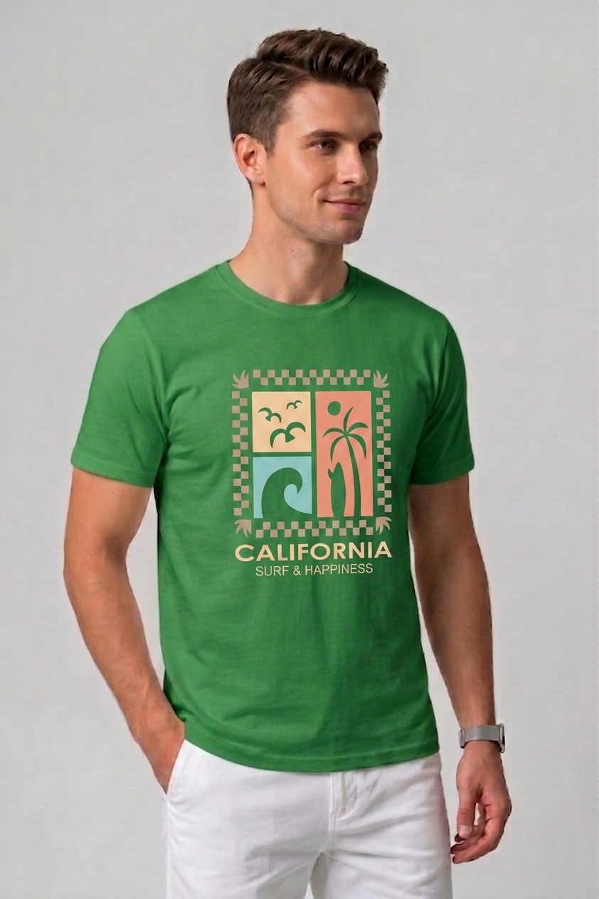 Attire Hub Mens Pure Cotton Grass Green Long California Printed Round T-Shirt