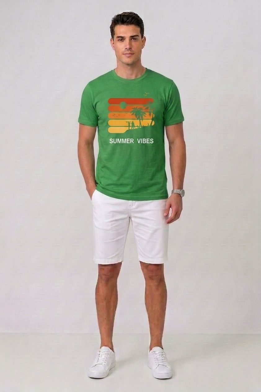Attire Hub Mens Pure Cotton Grass Green Sunset Summer Vibes Printed Round T-Shirt