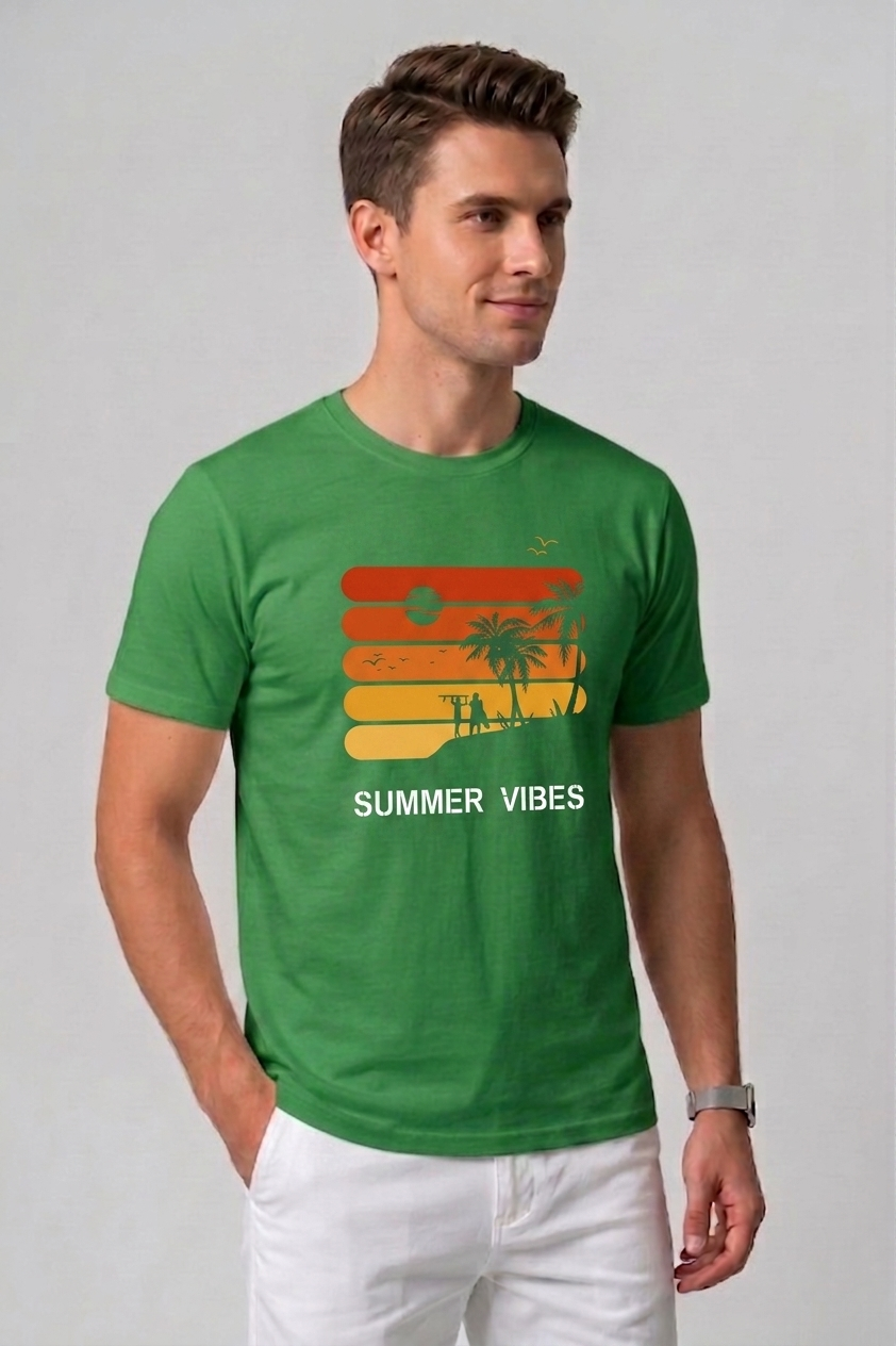 Attire Hub Mens Pure Cotton Grass Green Sunset Summer Vibes Printed Round T-Shirt