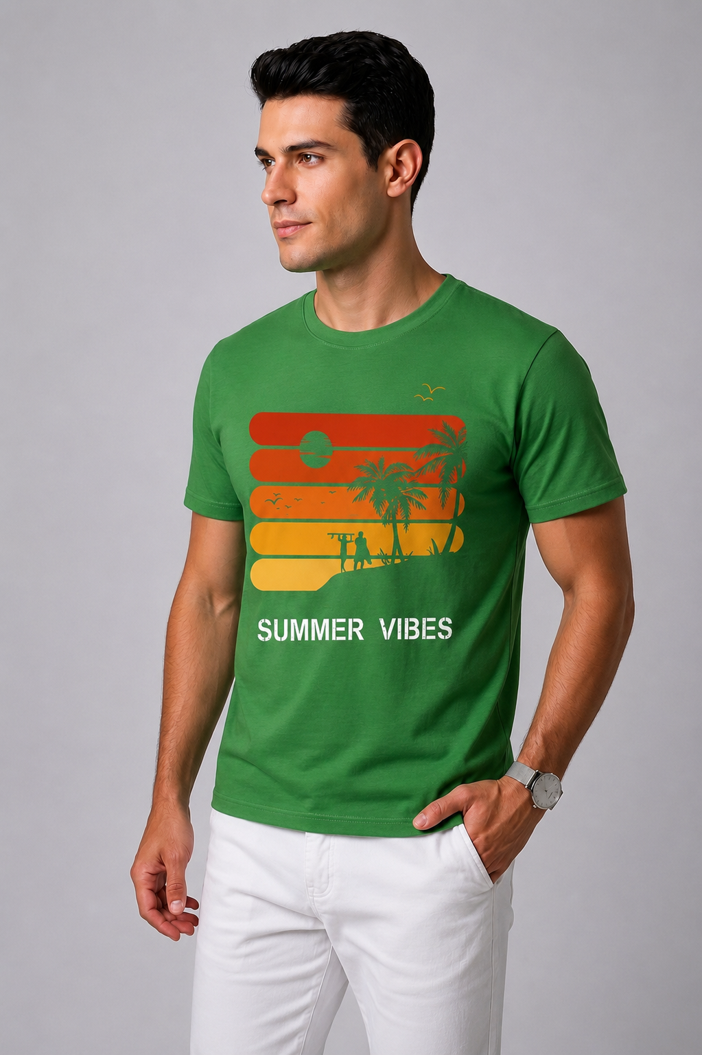 Attire Hub Mens Pure Cotton Grass Green Sunset Summer Vibes Printed Round T-Shirt