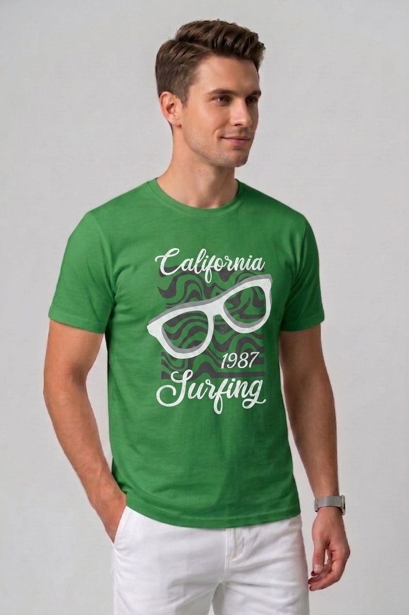 Attire Hub Mens Pure Cotton Grass Green California 1987 Printed Round T-Shirt