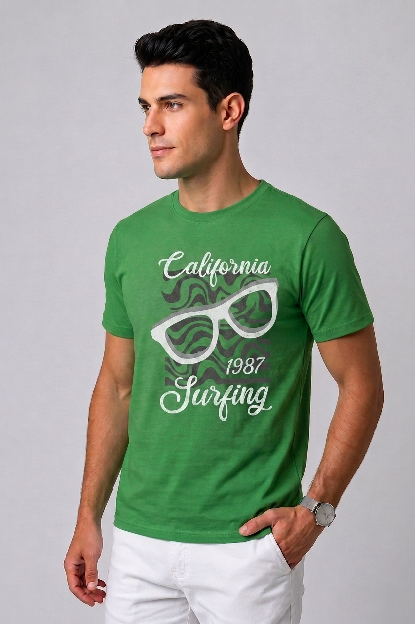 Attire Hub Mens Pure Cotton Grass Green California 1987 Printed Round T-Shirt