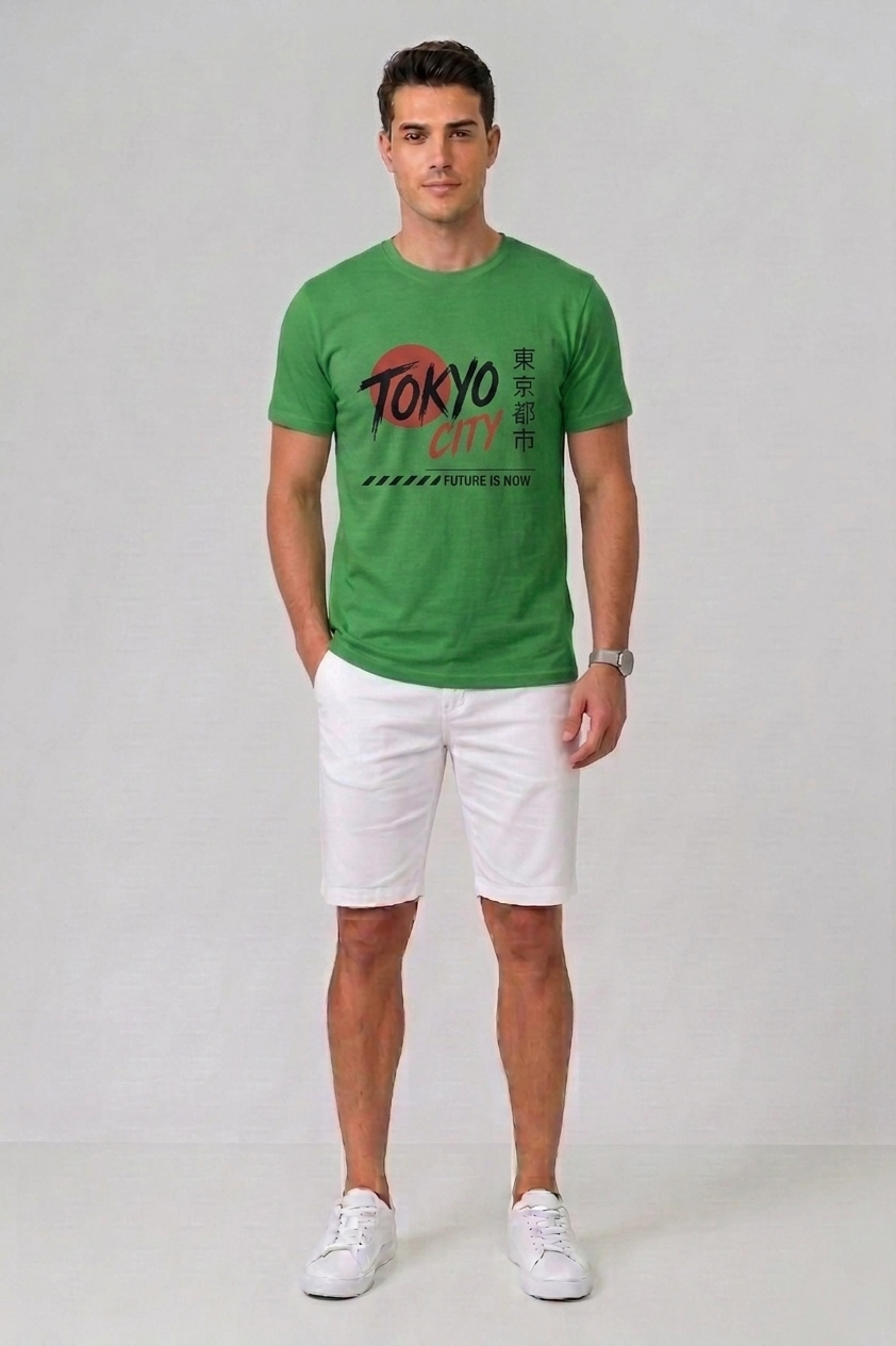 Attire Hub Mens Pure Cotton Grass Green Tokyo City Printed Round T-Shirt