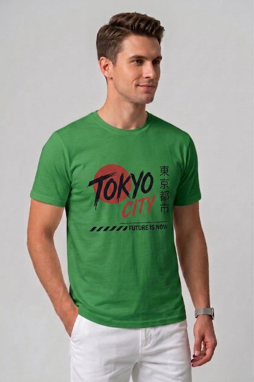 Attire Hub Mens Pure Cotton Grass Green Tokyo City Printed Round T-Shirt