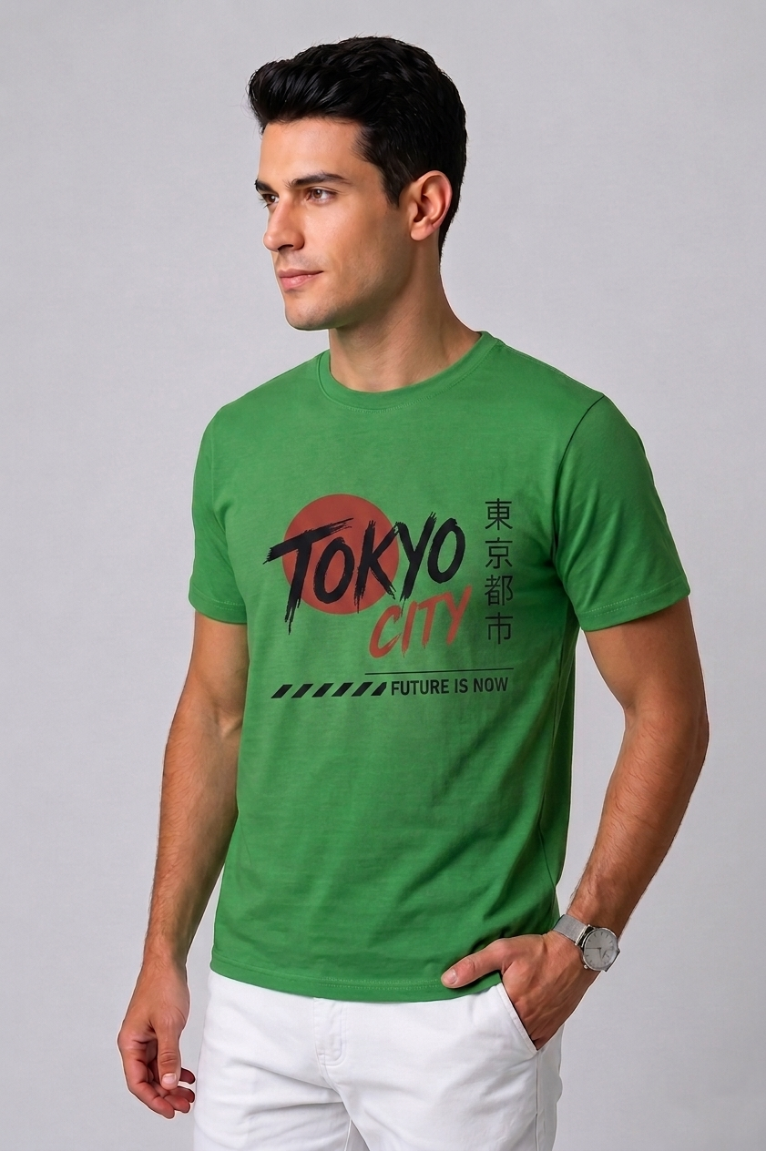Attire Hub Mens Pure Cotton Grass Green Tokyo City Printed Round T-Shirt