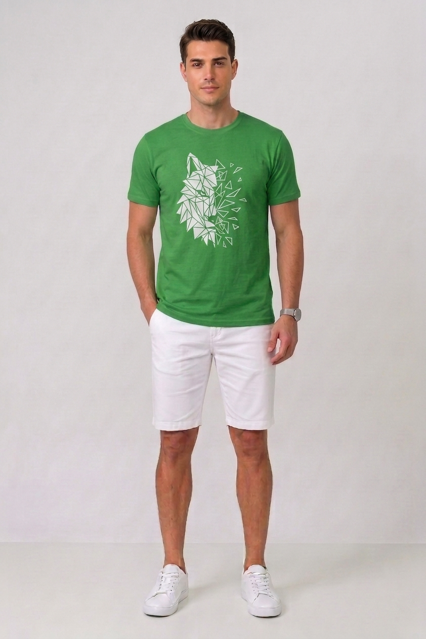 Attire Hub Mens Pure Cotton Grass Green Geomatric Wolf Printed Round T-Shirt