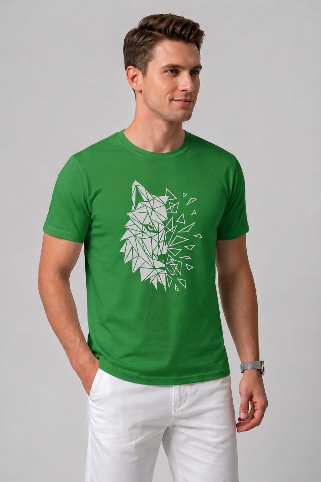 Attire Hub Mens Pure Cotton Grass Green Geomatric Wolf Printed Round T-Shirt