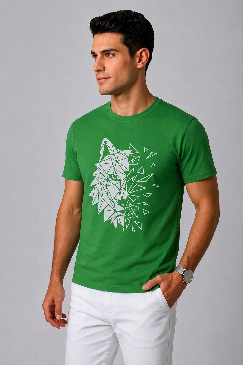 Attire Hub Mens Pure Cotton Grass Green Geomatric Wolf Printed Round T-Shirt
