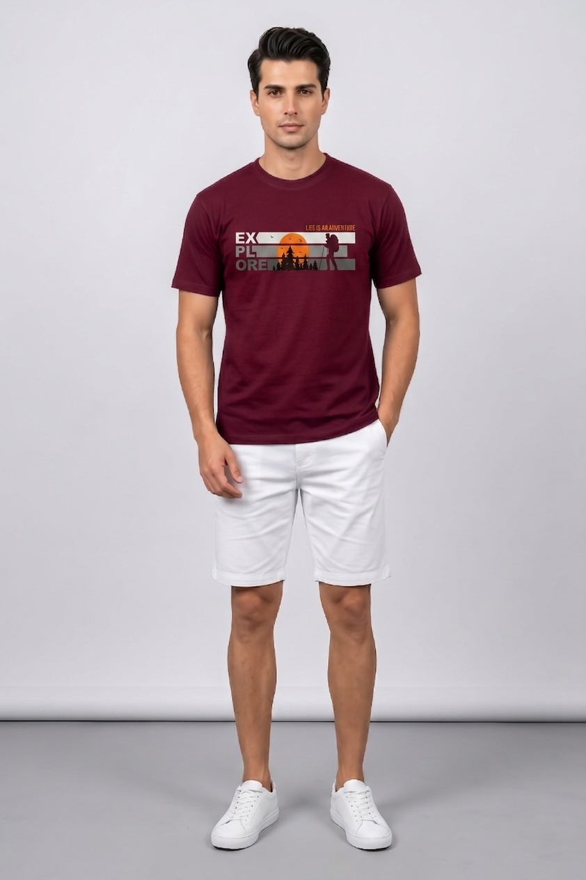 Attire Hub Mens Pure Cotton Maroon Explore Printed Round T-Shirt