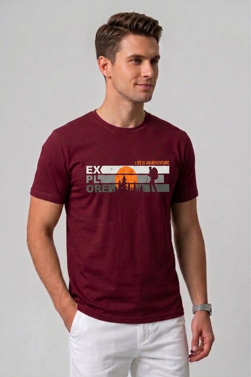 Attire Hub Mens Pure Cotton Maroon Explore Printed Round T-Shirt
