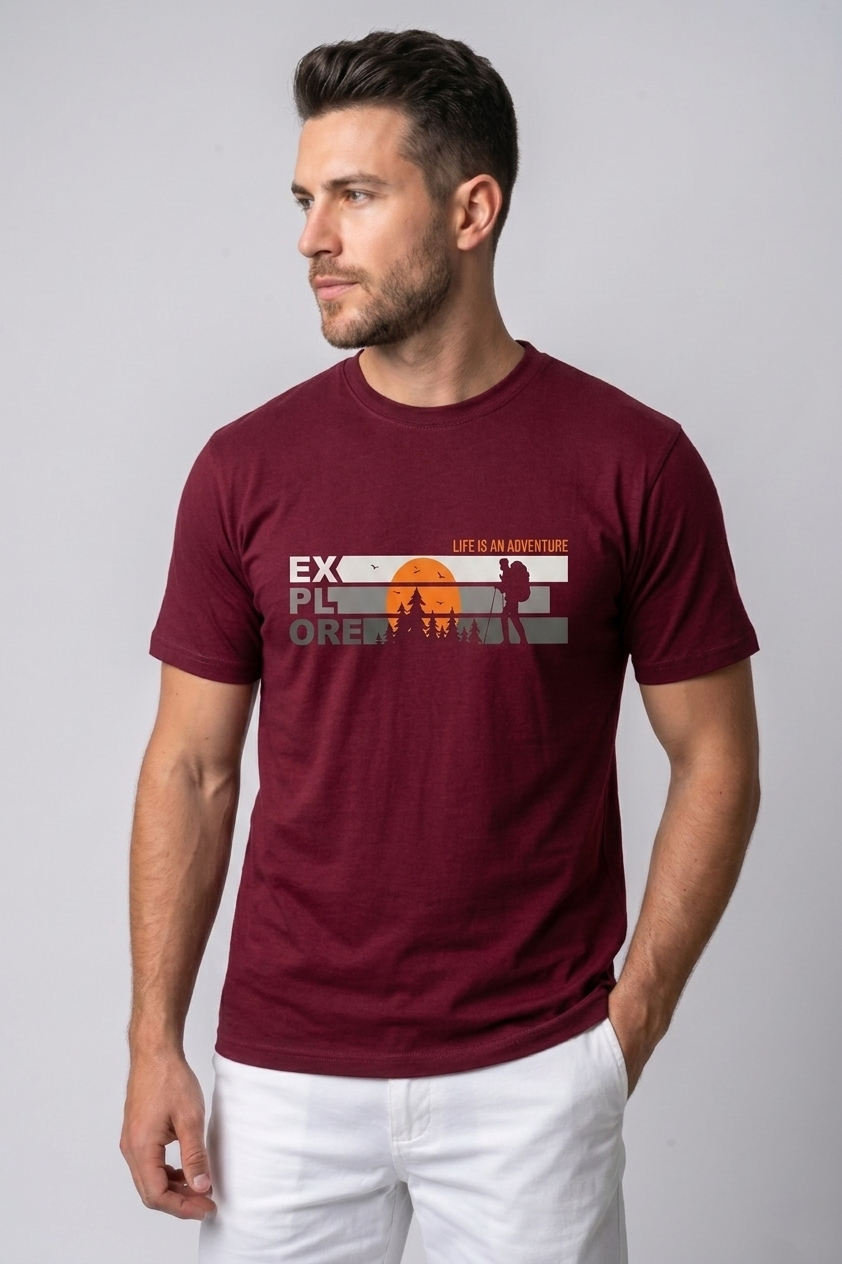 Attire Hub Mens Pure Cotton Maroon Explore Printed Round T-Shirt