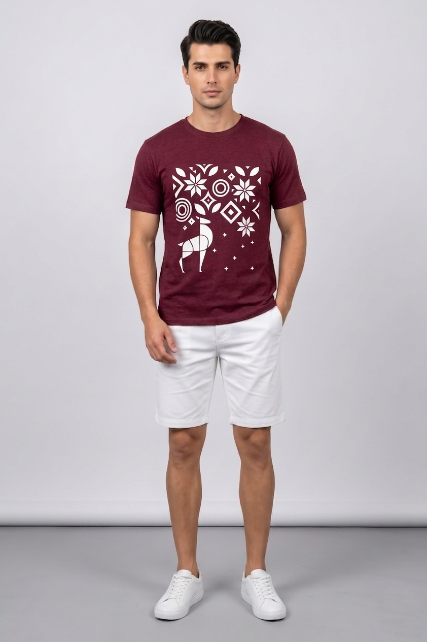 Attire Hub Mens Pure Cotton Maroon Geomatric Deer Printed Round T-Shirt