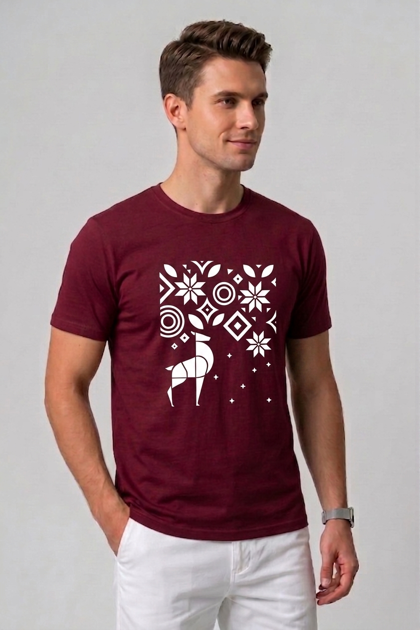 Attire Hub Mens Pure Cotton Maroon Geomatric Deer Printed Round T-Shirt