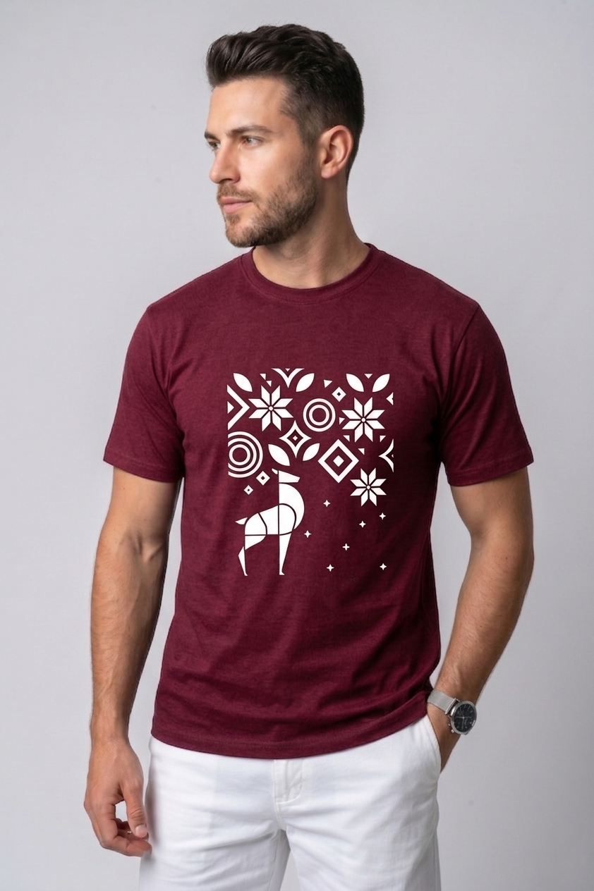 Attire Hub Mens Pure Cotton Maroon Geomatric Deer Printed Round T-Shirt