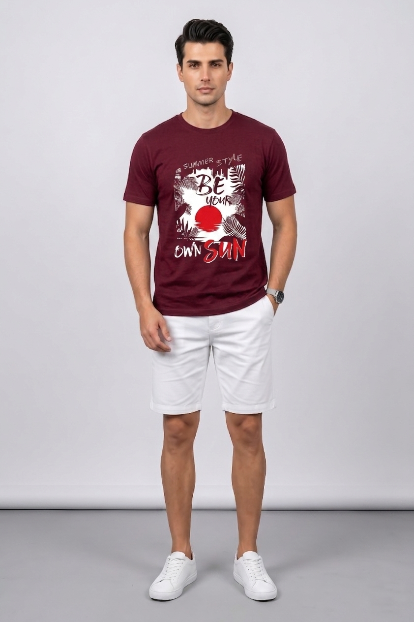 Attire Hub Mens Pure Cotton Maroon Summer Style Printed Round T-Shirt