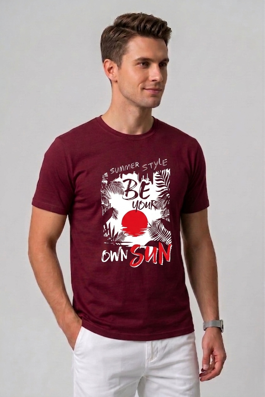 Attire Hub Mens Pure Cotton Maroon Summer Style Printed Round T-Shirt
