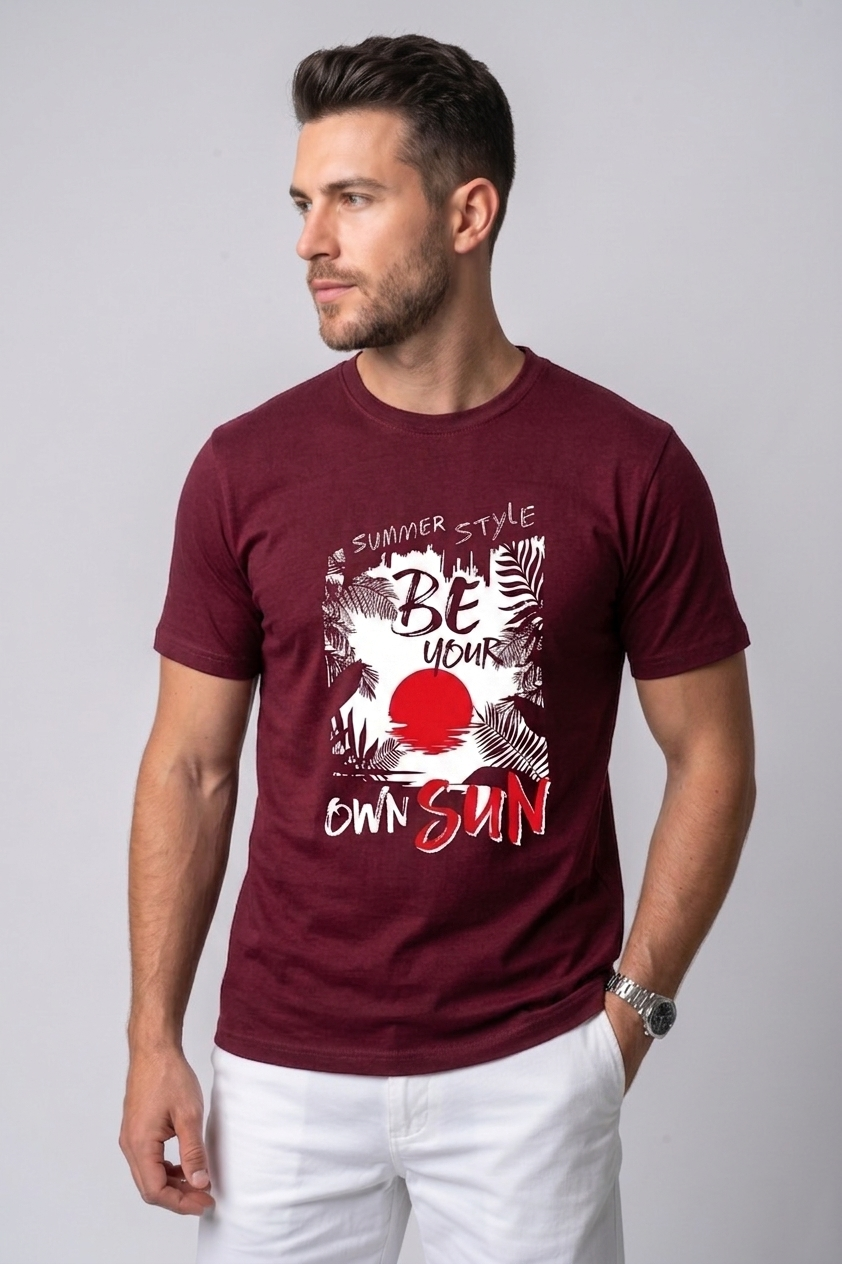 Attire Hub Mens Pure Cotton Maroon Summer Style Printed Round T-Shirt