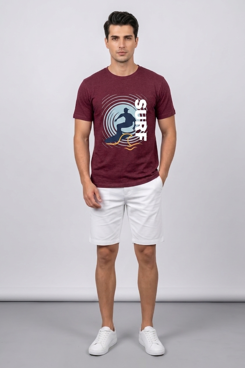 Attire Hub Mens Pure Cotton Maroon Surf Printed Round T-Shirt