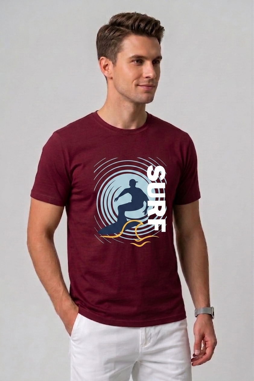 Attire Hub Mens Pure Cotton Maroon Surf Printed Round T-Shirt