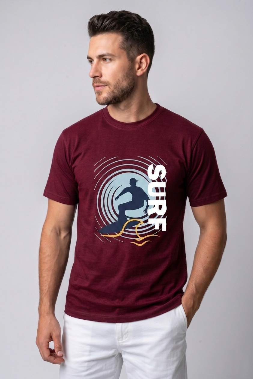 Attire Hub Mens Pure Cotton Maroon Surf Printed Round T-Shirt
