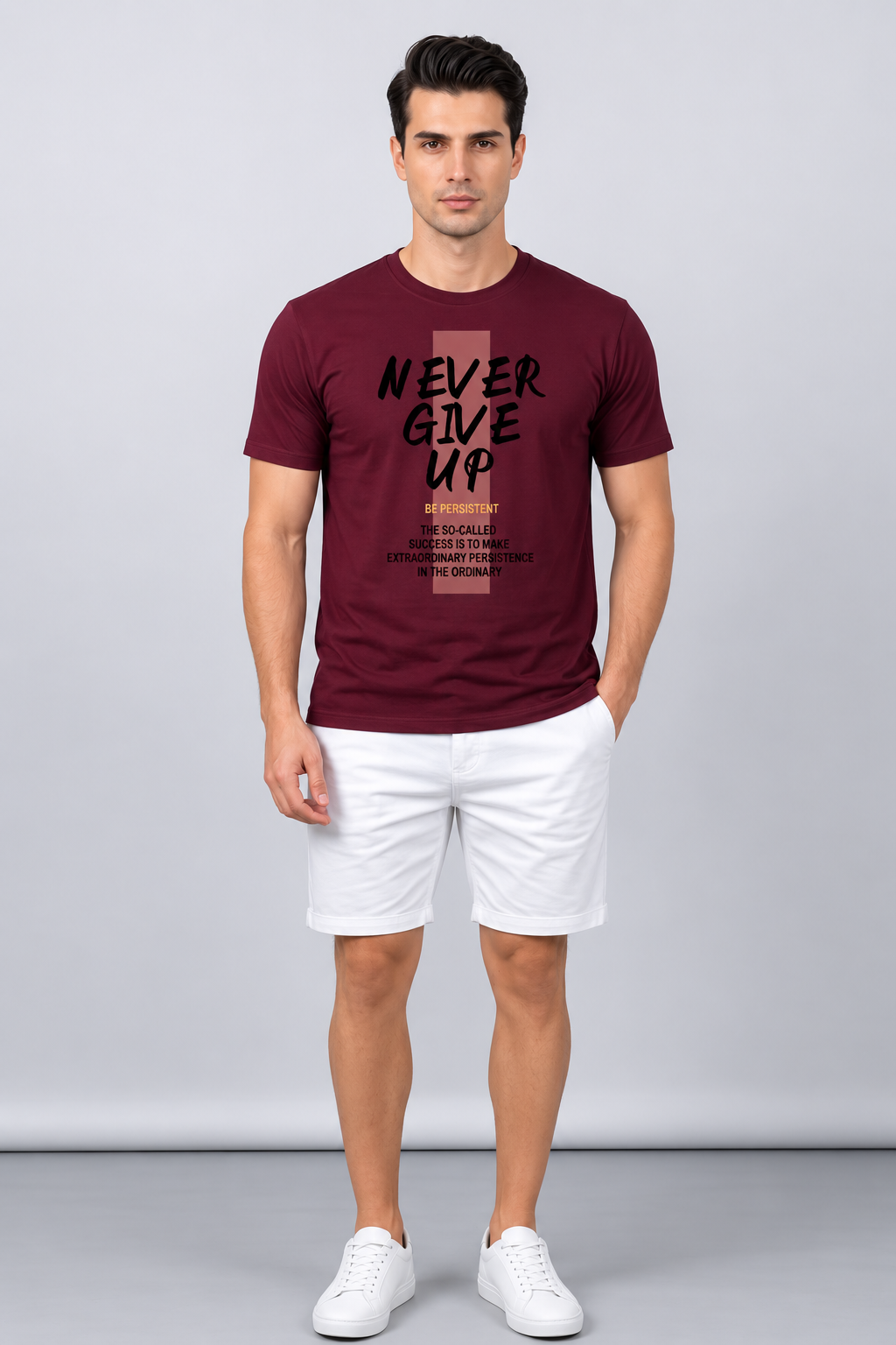Attire Hub Mens Pure Cotton Maroon Neva Give Up Printed Round T-Shirt