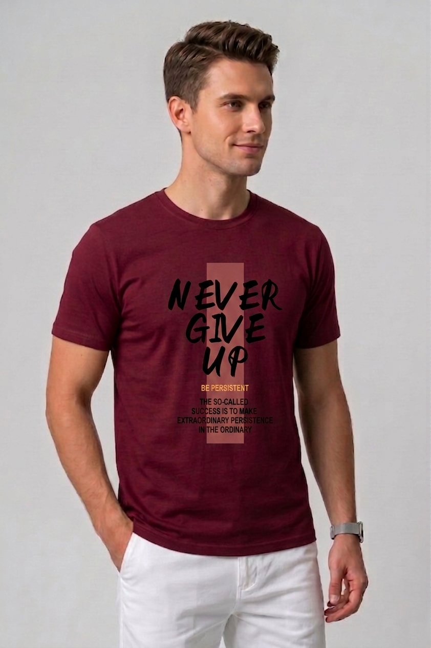 Attire Hub Mens Pure Cotton Maroon Neva Give Up Printed Round T-Shirt
