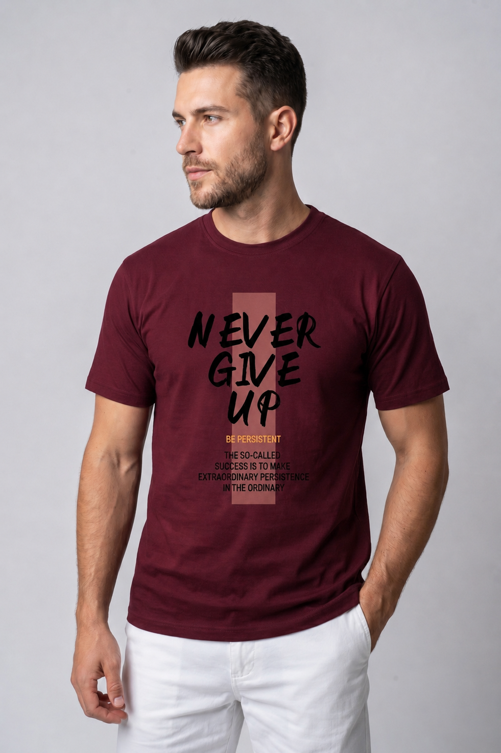 Attire Hub Mens Pure Cotton Maroon Neva Give Up Printed Round T-Shirt