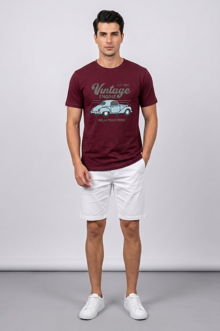 Attire Hub Mens Pure Cotton Maroon Vintage Engine Printed Round T-Shirt