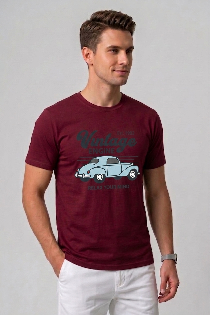 Attire Hub Mens Pure Cotton Maroon Vintage Engine Printed Round T-Shirt