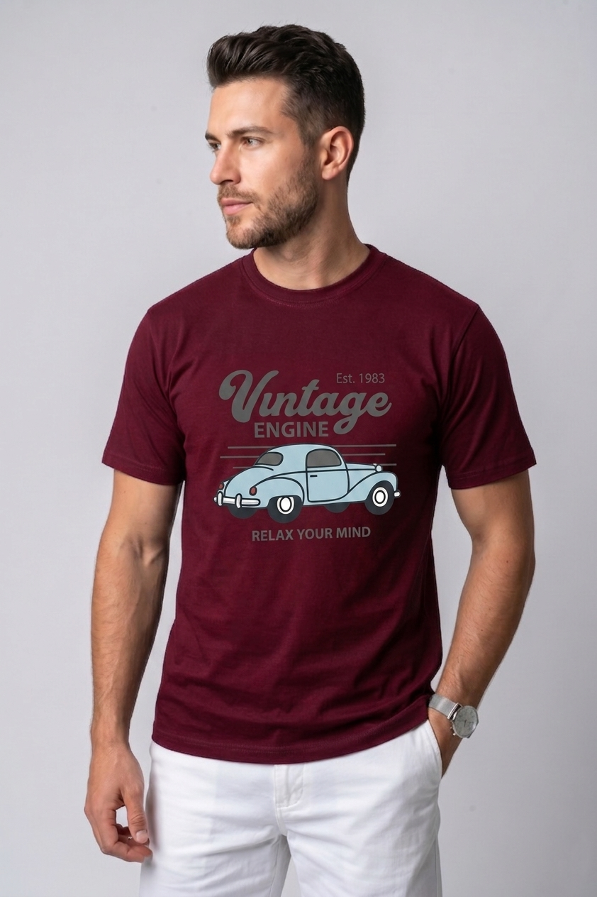 Attire Hub Mens Pure Cotton Maroon Vintage Engine Printed Round T-Shirt