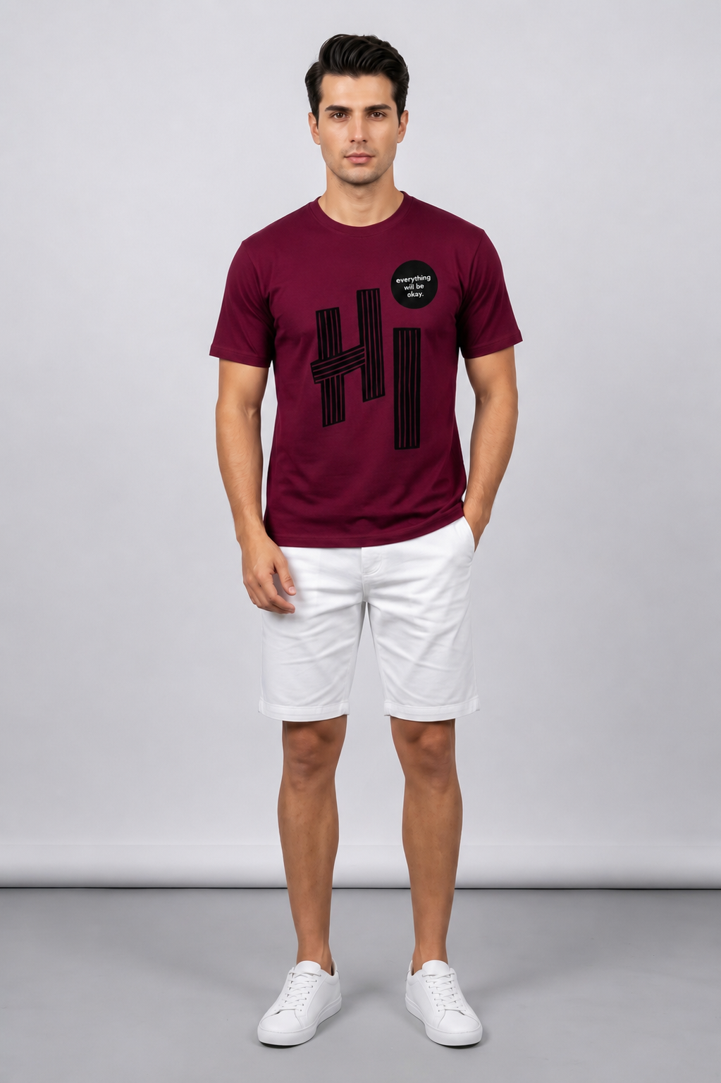 Attire Hub Mens Pure Cotton Maroon Hi Printed Round T-Shirt