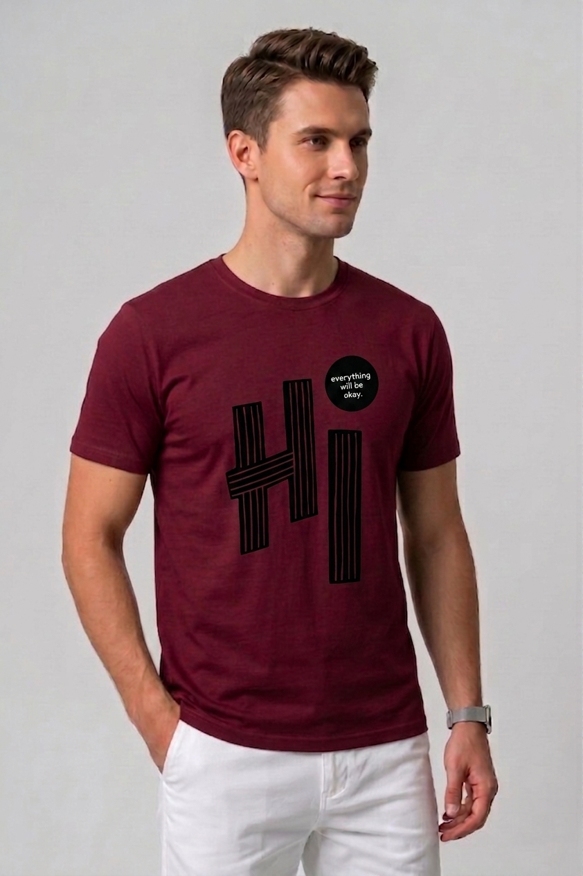 Attire Hub Mens Pure Cotton Maroon Hi Printed Round T-Shirt