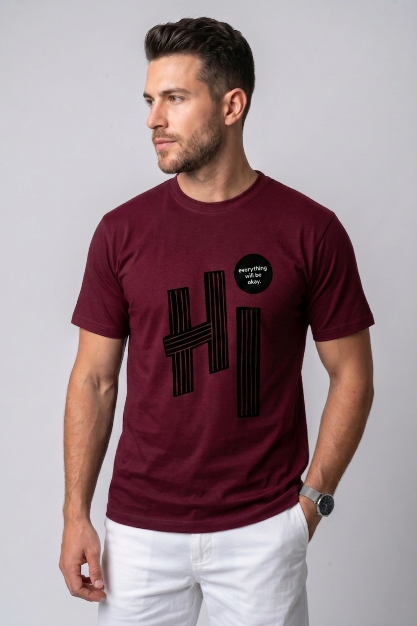 Attire Hub Mens Pure Cotton Maroon Hi Printed Round T-Shirt